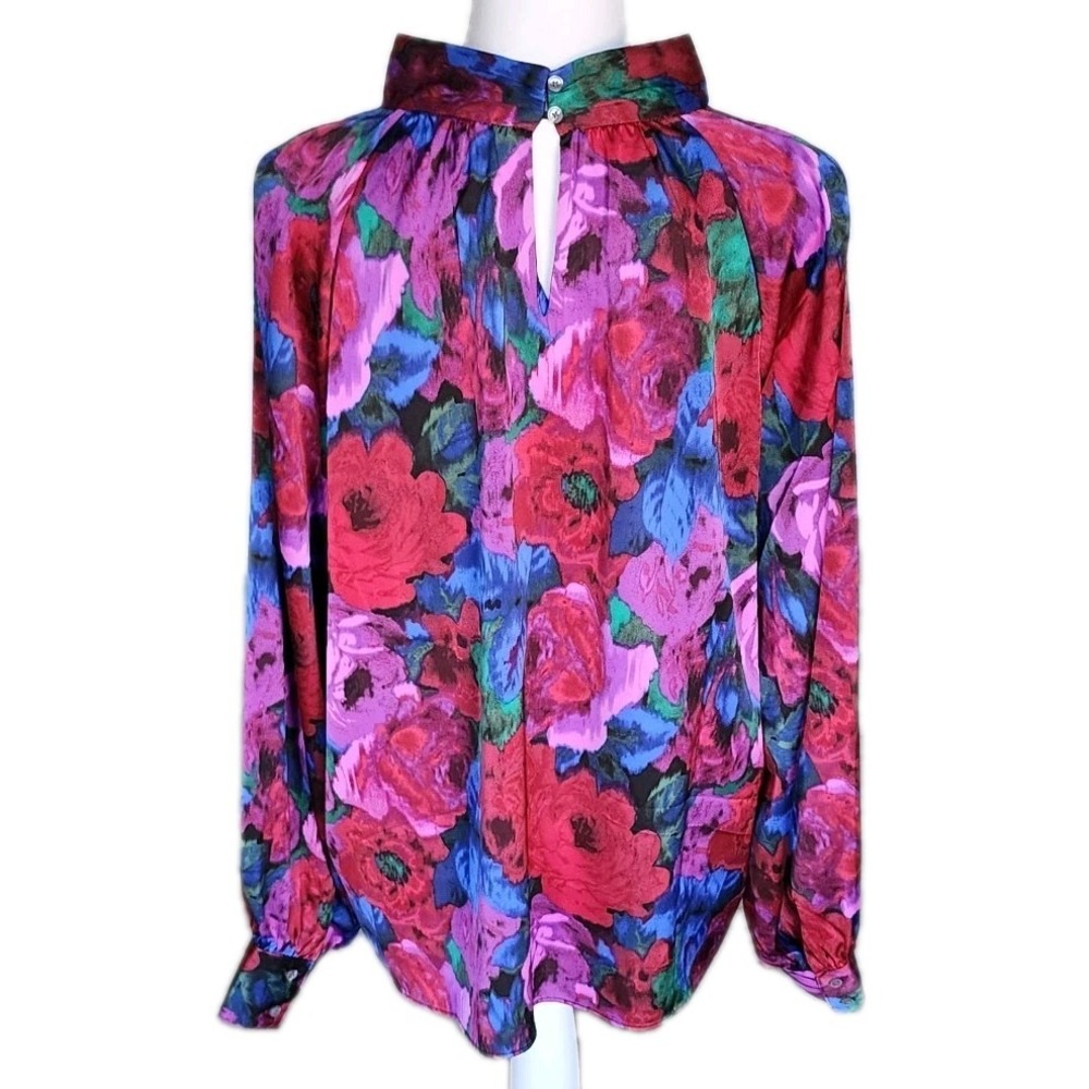 Talbots Twist Neck Satin Charmeuse Blouse‎ Top XL Wrapped Jewel Tone Floral Chic - Picture 2 of 11